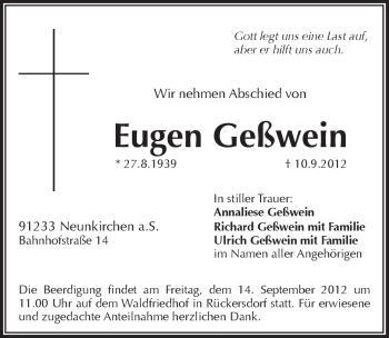 Traueranzeige von Eugen Geßwein von Pegnitz-Zeitung